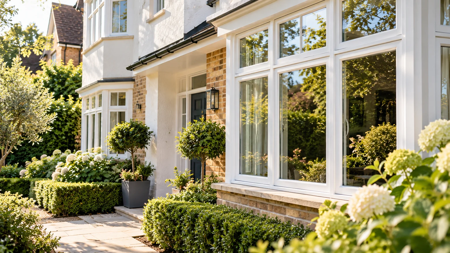 Well-kept British house with bright windows and flowering front garden