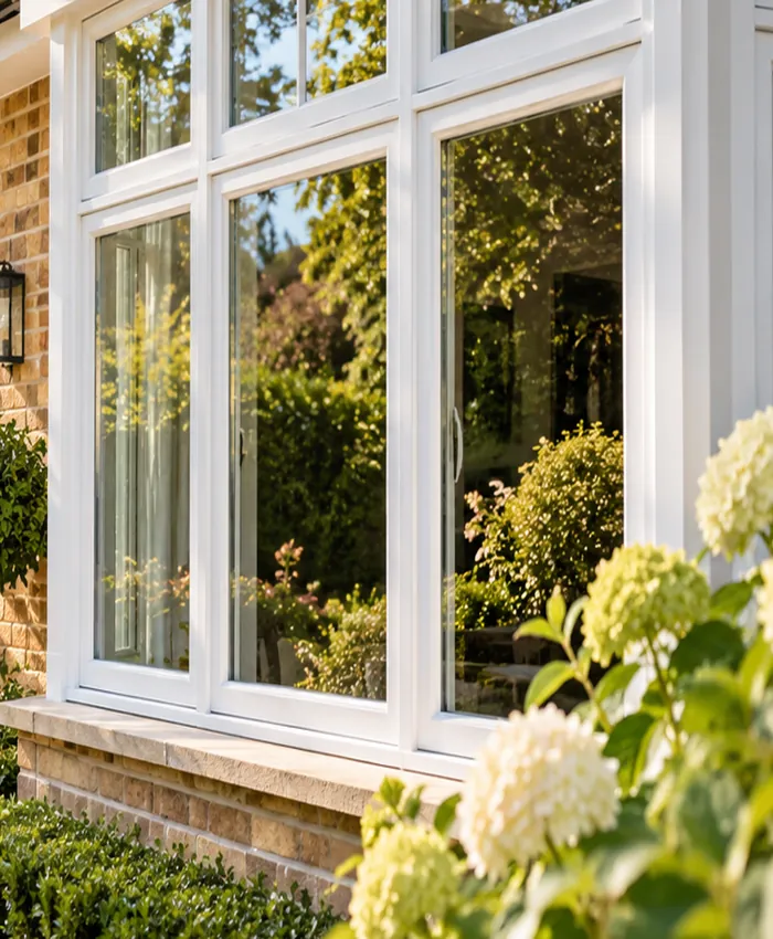 Clear residential windows reflecting green garden foliage